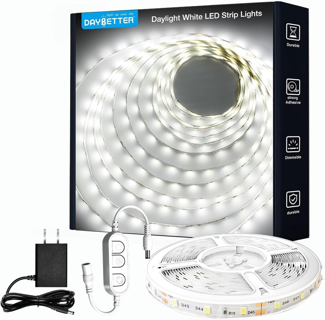 DAYBETTER White LED Strip Light,  Dimmable Bright Rope Lighting, 6500K 24V Strips, 360 LEDs 2835 Tape Lights for Bedroom, Kitchen, Mirror, Home Decoration(2 Roll)