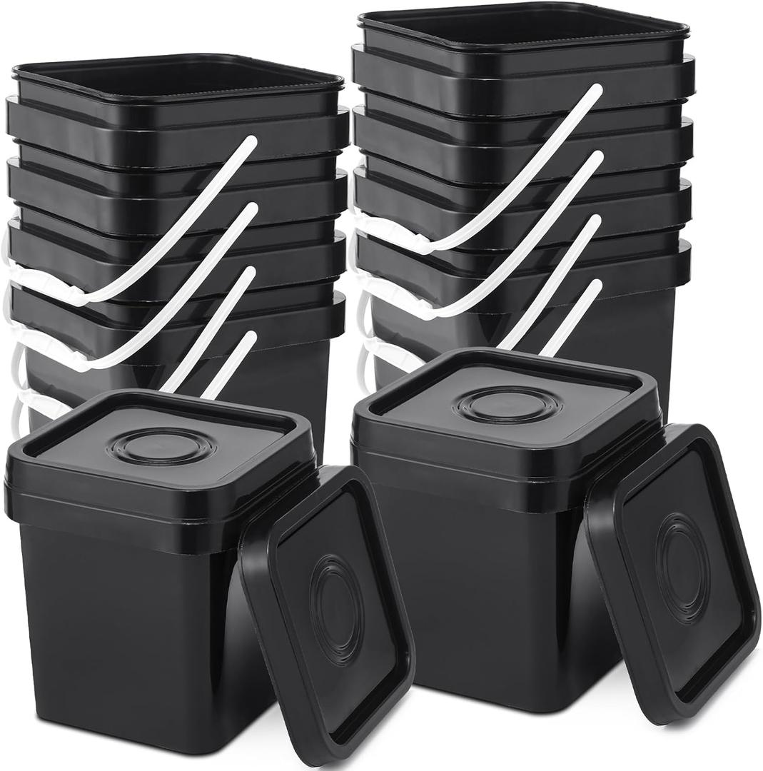 Suzile 10 Pcs Food Grade Square Bucket with Lid 1 Gallon Plastic Bucket 4.5L Utility Industrial Pail with Handle Container for Food Oil Tub Water Fishing Paint House Cleaning Car Washing (Black)