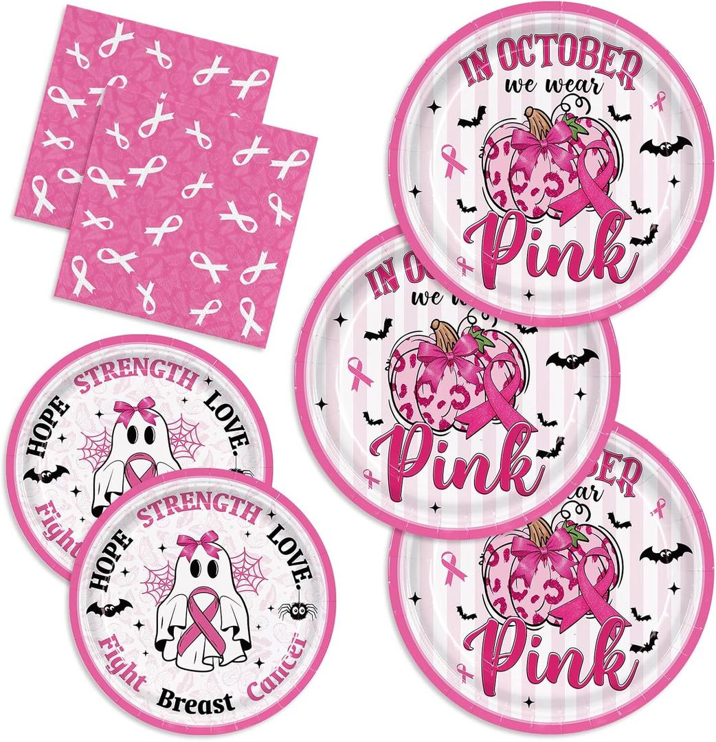 150pcs Breast Cancer Awareness Party Supplies Pink Ribbon Plates Napkins Disposable Dessert Plates Halloween Party Decorations Tableware Set for Breast Cancer Awareness Survivor Events Decor 50 Guests