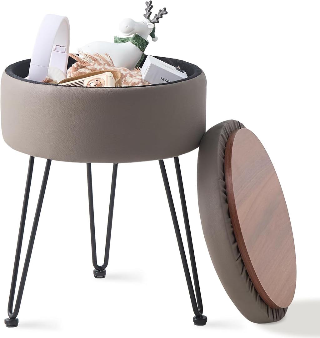 Wimarsbon Round Storage Ottoman Foot Stool Modern Faux Leather Vanity Stool with Solid Wood Frame&Metal Legs,Compact Footstool Dressing Stool Footrest for Living Room Bedroom or Entryway (Grey)