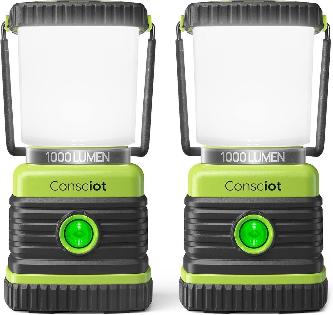Consciot LED Battery Powered Camping Lantern, 1000LM, 4 Light Modes, IPX4 Waterproof Portable Tent Flashlight for Power Outages, Emergency, Hurricane, Hiking, Light Green, 2-Pack