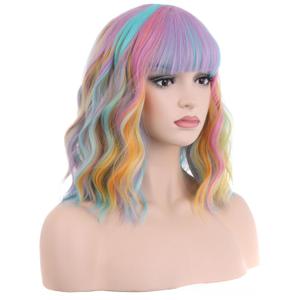 14 Inches Rainbow Wig Short Wavy Pastel Wig with Bangs Multi Color Wigs for Women Girls Heat Resistant Synthetic Cosplay Costume Wigs