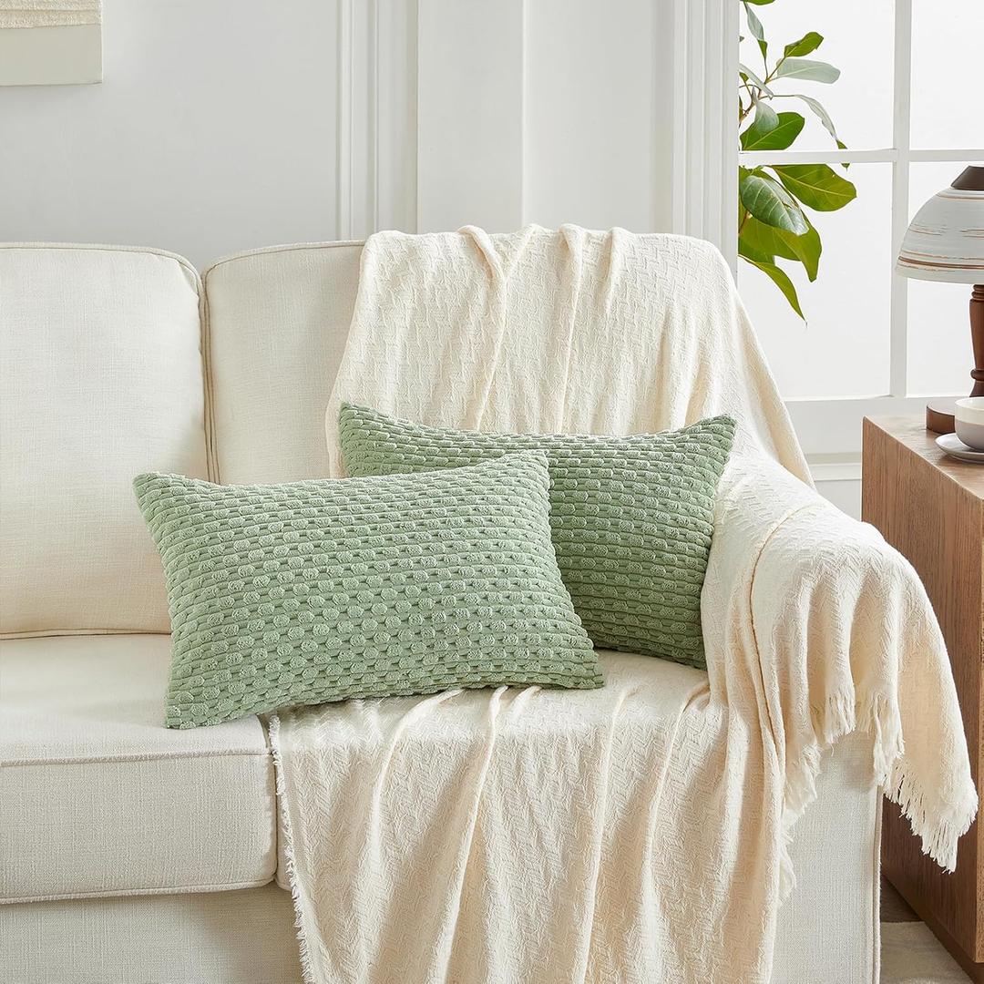Fancy Homi 2 Packs Sage Green Long Lumbar Decorative Throw Pillow Covers 14x24 Inch for Couch Bed Sofa, Modern Farmhouse Boho Home Decor, Soft Cute Plush Corduroy Rectangle Cushion Case 35x60 CM