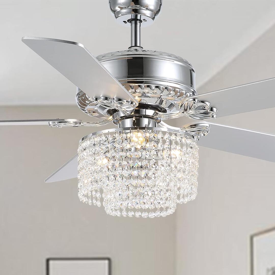 52 Inch Crystal Ceiling Fan with Light and Remote Control, Modern Chandelier Fan with 5 Reversible Wood Blades Chrome Fandelier for Living Room Bedroom (Fine line Crystal-Ceiling Fan), D52