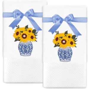 JarThenaAMCS 2Pcs Floral Chinoiserie Hand Towels Cotton Embroidered Sunflower Bathroom Towels Spring Summer Absorbent Dish Towel for Hand Drying Cleaning Cooking, 29.5 x 13.7 Inch