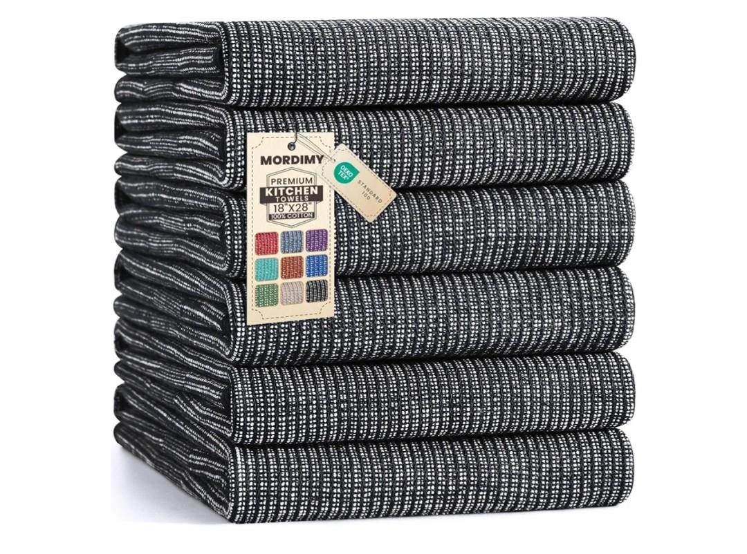 Mordimy Premium Kitchen Towels 6 Pack (18 x 28 Inches, Black), Large Cotton Kitchen Hand Towel, Flat & Terry Dish Towels for Drying Dishes, Super Absorbent Tea Dishtowels Set with Hanging Loop