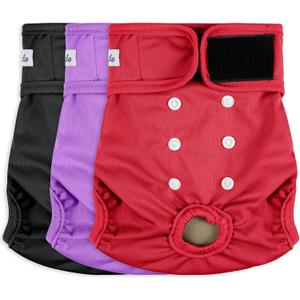 Female Dog Diapers - Reusable Diapers for Doggie in Heat - Highly Absorbent for Pet Incontinence with Adjustable Snaps (Pack of 3) Red Black Purple, M