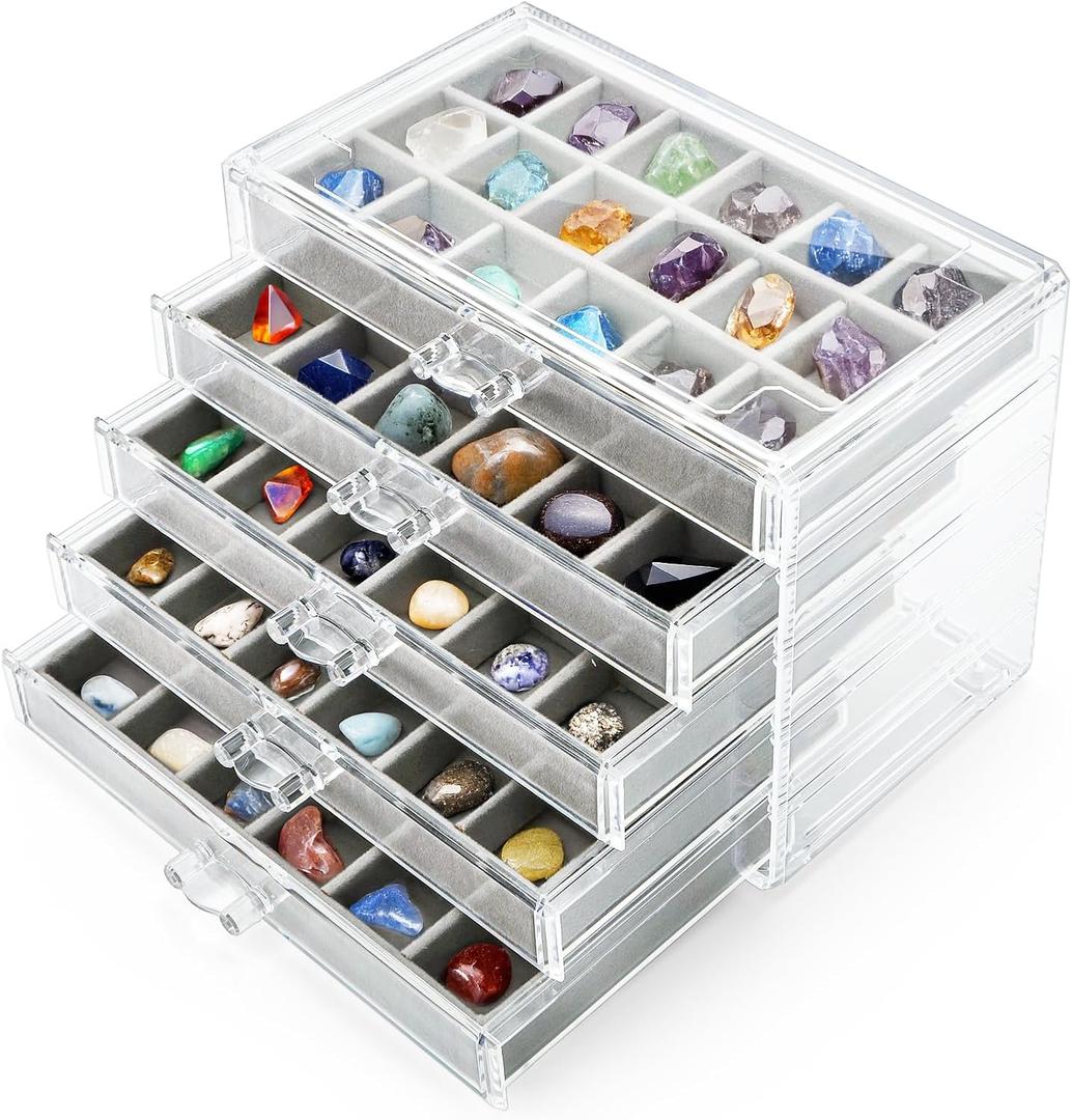 Jucoan Clear Acrylic Rock Display Case, 5 Layer 90 Grids Rock Collection Case with Adjustable Velvet Insert, Mineral Gemstone Storage Organizer Box for Kids Crystals, Rocks Collection