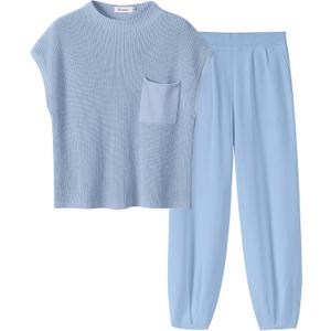 ANRABESS Women's Two Piece Outfits Knit Sweater Vest Crop Top Pants Lounge Matching Tracksuit Sweatsuit Travel Clothes Sets, Small