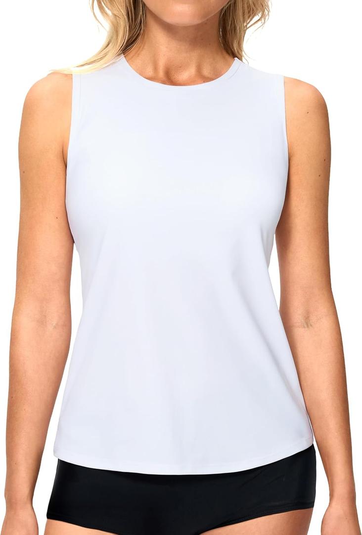 Viodia High Neck Tankini Tops for Women Modest Swim Shirts with Bra Swimsuits Tank Only Bathing Suit Top No Bottom (White, XXL)