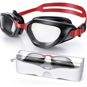 Swim Goggles, Unisex Adult Swimming Goggles Anti Fog Anti UV No Leakage Wide View for Men Women Youth (Black Red/Clear)