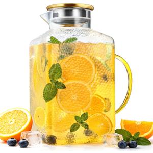 1 Gallon Thickened Glass Pitcher with Lid and Spout, Square Borosilicate Glass Carafe with Handle for Fridge, Extra Large Water Jug for Hot/Cold Drink, Iced Tea, Coffee, Juice, Beverage (Gold)