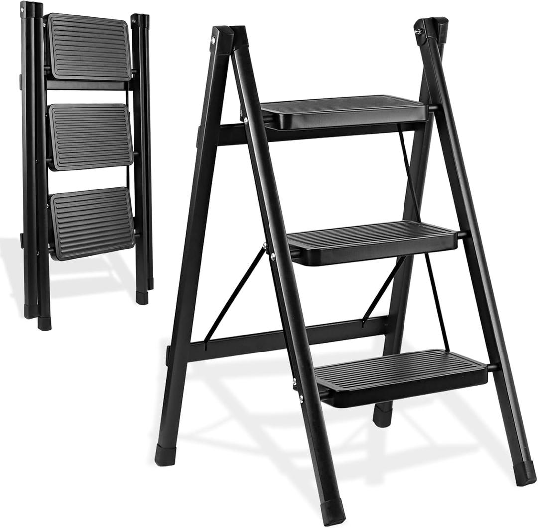 3-Step Ladder, Folding Step Stool for Kitchen/Closet/Garage, Sturdy & Lightweight Aluminum Handy Ladder, 200 lbs Capacity, Anti-Slip Pedals, Compact & Portable for Home DIY & Everyday Tasks