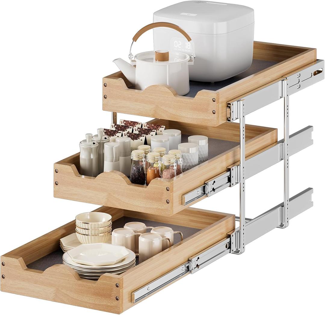 DINDON 3 Tier Pull Out Cabinet Organizer 11 W X21 D Slide Out Wood Drawer With Shelf Liner For Kitchen Pantry Organization