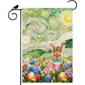 7 x Eggs Flowers Bunny Oil Painting Starry Night Sky Moon Easter Garden Flag 12x18 Inch Double Sided Small Mini Yard Flag Outdoor Outside Holiday Party Decoration