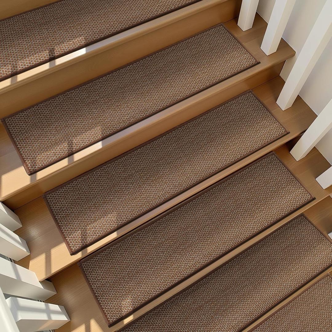 Deerly Linen Brown Stair Treads Non Slip 15pcs Stair Runner for Wooden Steps Peel and Stick Stairs Carpet Treads Indoor Staircase Covers Mat with Self-Adhesive Backing for Pets and Kids 8"X30" Brown