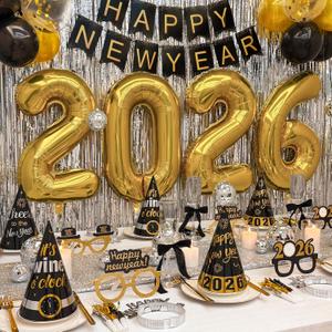New Years Eve Party Supplies 2026 - Happy New Year Decorations Kit - Set of 50 Includes Banner, Hats, Ribbon, Glasses,Tiaras, Balloons, Squawkers and Fringe Curtains - Accessories for Kids Party Decor