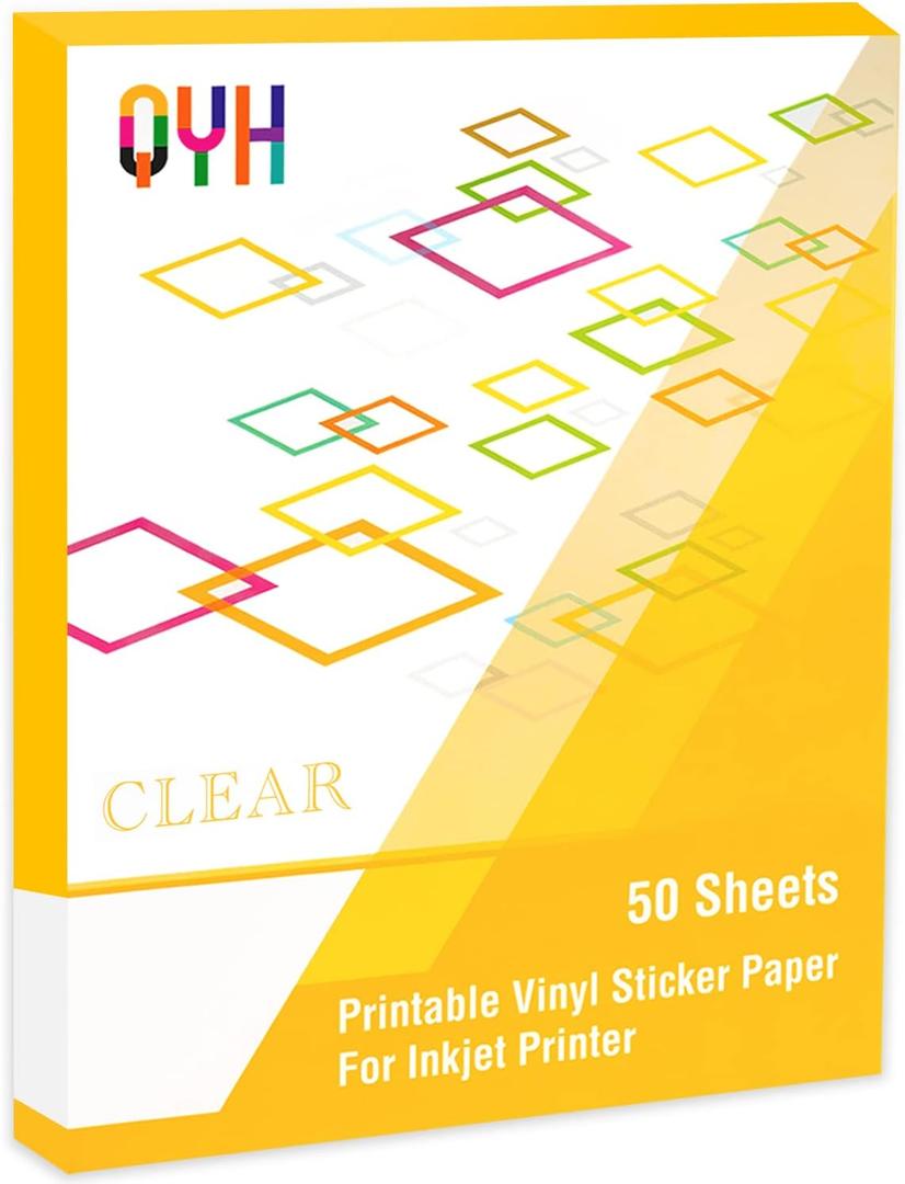 QYH Printable Vinyl Sticker Paper for Inkjet Printer Clear Labels 50 Sheets Transparent Quickly Dry Non Waterproof Transparency Glossy 8.5 x 11 Decal Paper Tear & Scratch Resistant