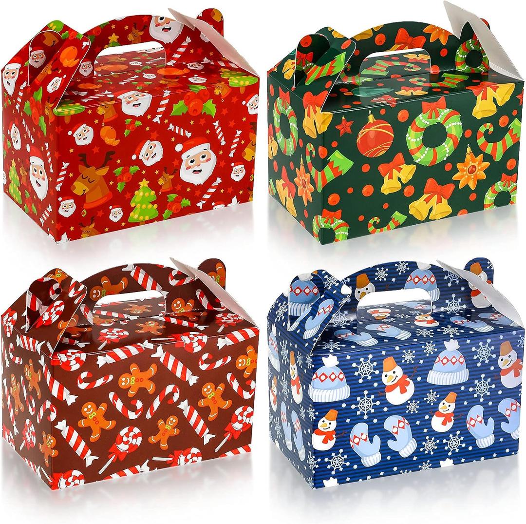 Clabby 24 Pcs Christmas Treat Boxes with Handles 3D Christmas Cookie Gift Boxes Cardboard Goodie Candy Bags Xmas Santa Elf Snowman Elk Gingerbread Holiday Party Favor Supplies, 4 Design(Novelty Style)