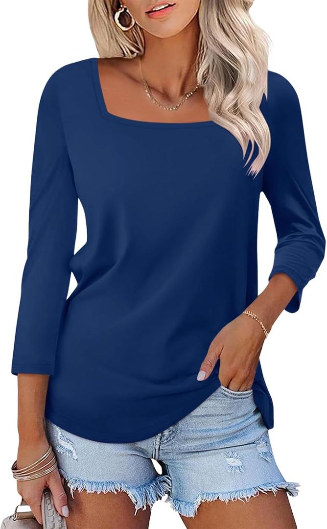 TICTICMISS Women's 3/4 Sleeve Shirts Square Neck Solid Color Summer Tops Dressy Casual Ladies Blouses Tops B-Navy Blue, Small (Blue, S)