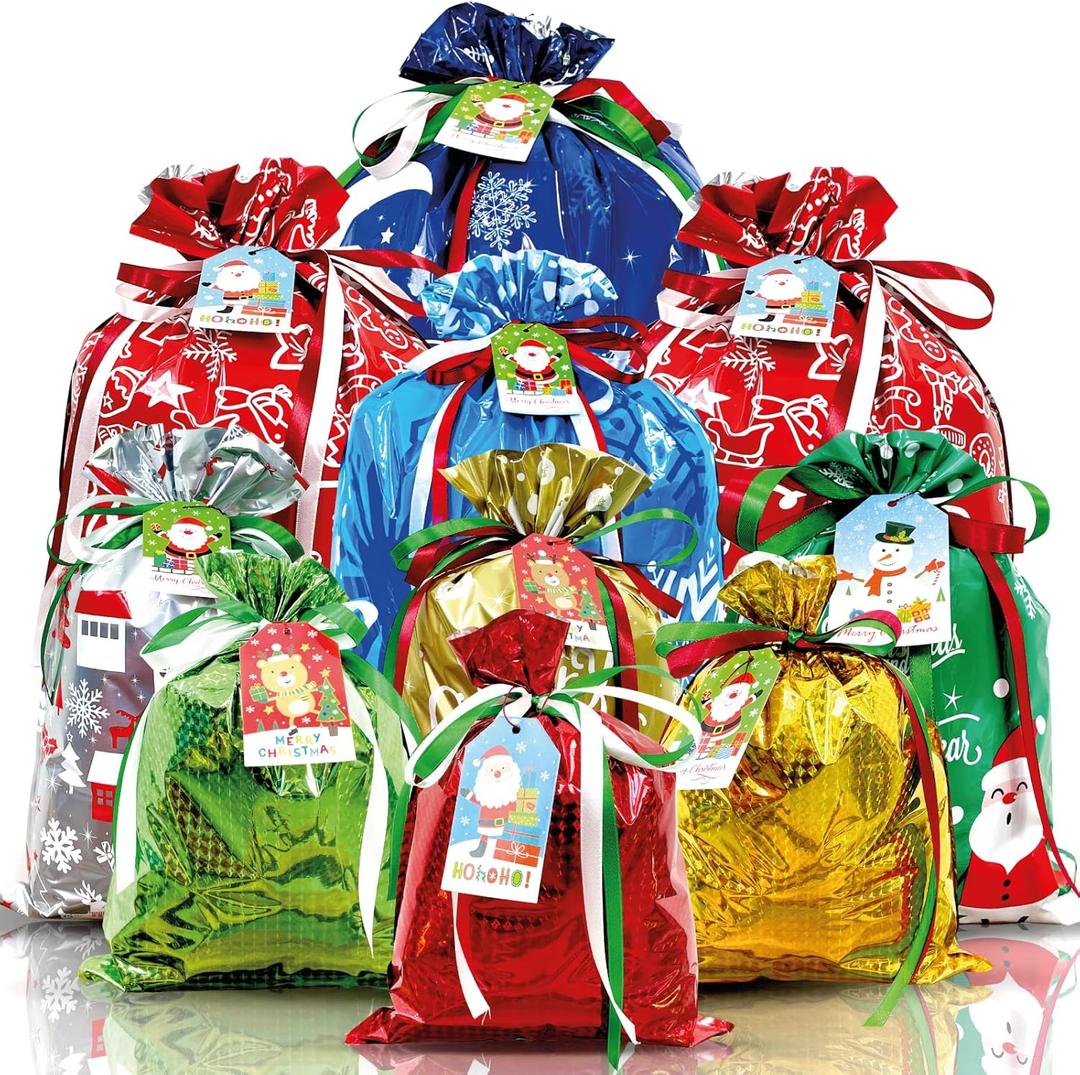 Diamerd 38PC Christmas Gift Bags with Tags & Ribbon Ties, Assorted Sizes for Xmas Holiday Present Wrapping & Festival Party Supplies-Small/Medium/Large