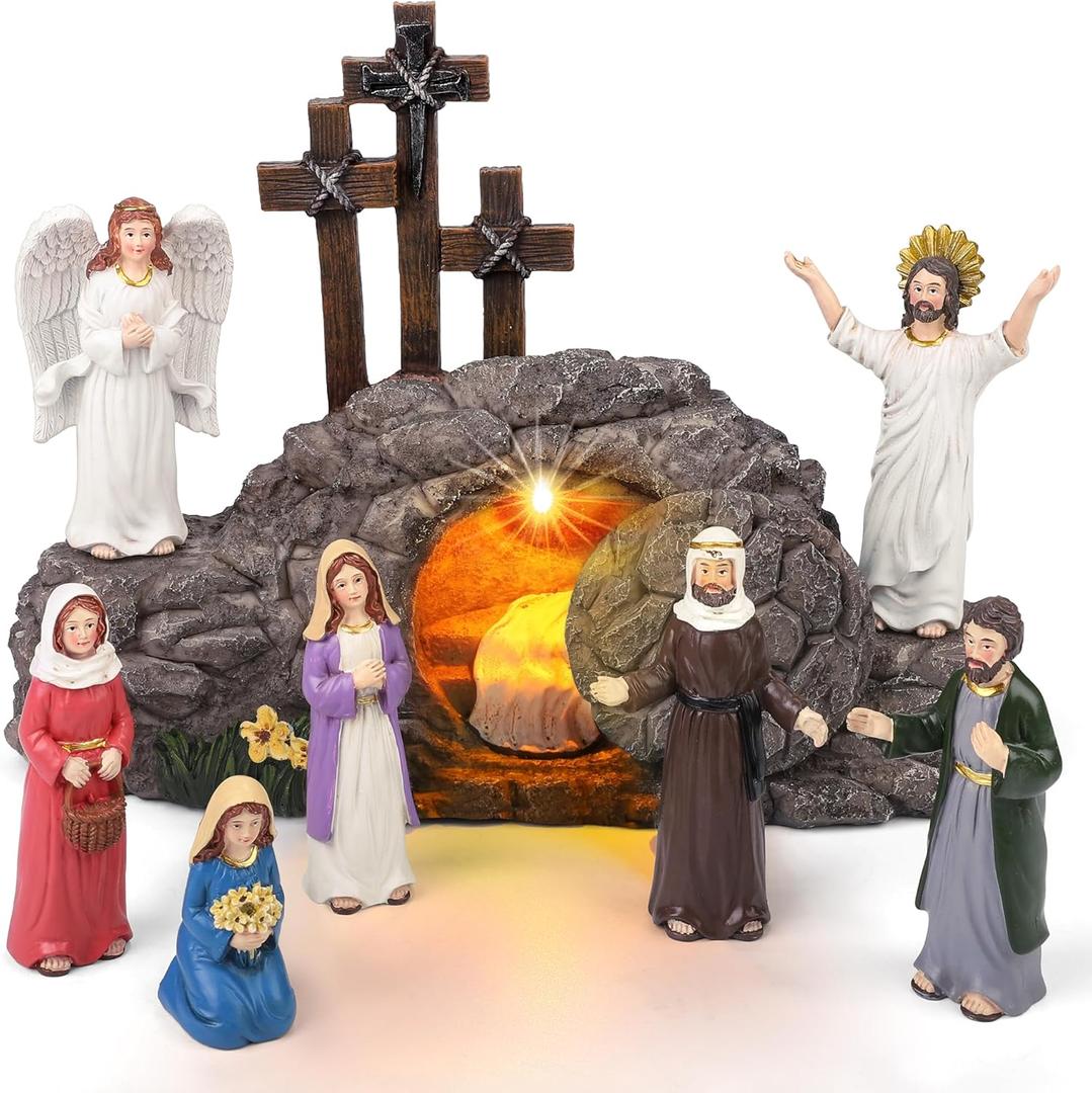 Fovths 9 Pieces Easter LED Cross Shaped Resin Table Decor Resurrection of Jesus Statue Set Easter Resin Tabletop Decoration for Indoor Holiday Home Tabletop Ornaments
