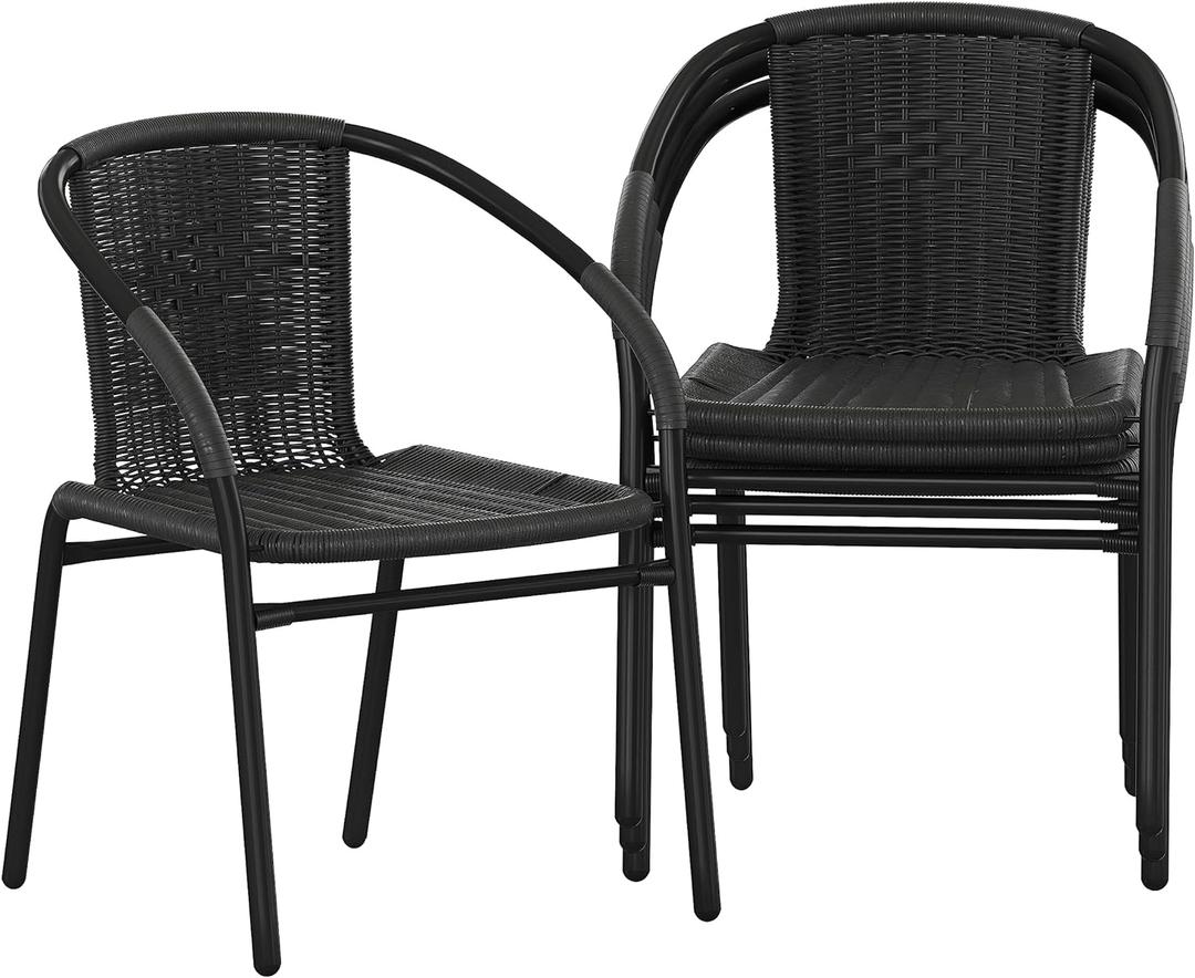 Flash Furniture Lila Modern Rattan Indoor/Outdoor Stackable Dining Chairs, Stacking Rattan Bistro Chairs for Patio or Restaurant, Set of 2, Black