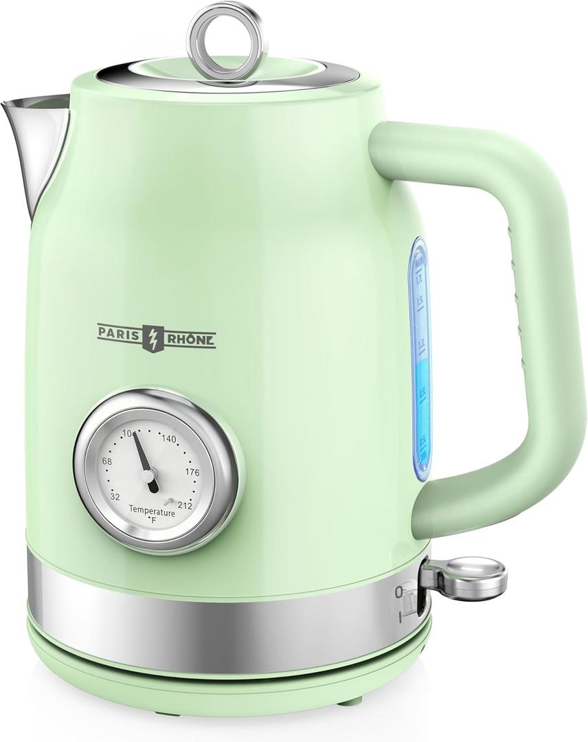 Retro Electric Kettle, PARIS RHNE 1.7L Hot Tea Kettle with Thermometer, 1500W Fast Heating, Cordless Design, LED Indicator, Auto Shut-Off & Boil Dry Protection