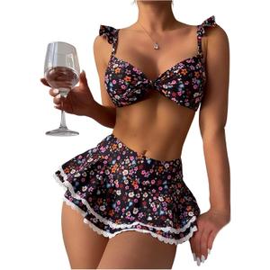 BEAUDRM Women's 2 Piece Ruffle Bikini Sets Floral Tummy Control Skort Swimsuit Bathing Suit Beachwear (M)