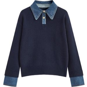 Womens Fall Oversized Long Sleeve Sweaters 2 in 1 Denim Panel Lapel Sweater Polo Knit Sweater Tops (Small, Navyblue)