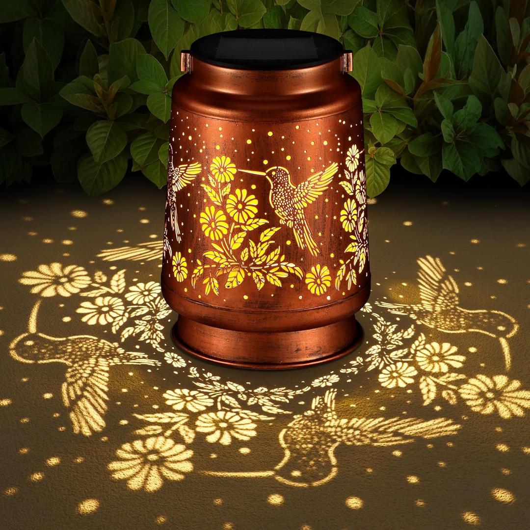 2 x Solar Lantern Outdoor Hanging Waterproof Outside Metal Openwork Hummingbird Pattern Birthday Gifts for Women Mom Landscape Lights for Porch Garden Yard Patio Pathway Decor(Great Hummingbird)