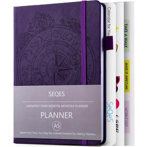 SEQES A5 Undated Planner- Leather Cover with goal tracker,full focus And habit To Increase Productivity organizer And Goal Setting & Reflection Journal | Weekly/Monthly Planner (purple)