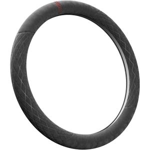 Alcantara Luxury Steering Wheel Cover 14.5" to 15" Fit - Anti-Slip Comfort Grip, Durable Soft Suede-Feel Luxury Material for Men Drivers | Fits Sports Cars, Luxury Cars, Sedans, SUVs and EV (Race Track Style, Black (red mark))