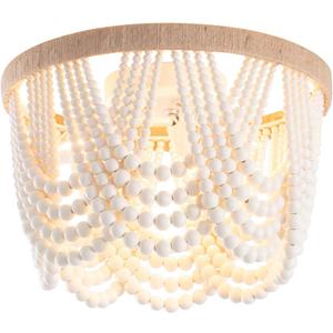 VILUXY Bohemia Wood Beaded Flush Mount Ceiling Light Antique Rustic Mini Chandelier White Finishing for Bedroom,Nursery Room, Girl Room, Hallway, Entryway, Passway, Dining Room, 3-Light