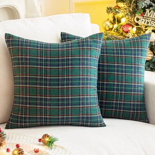 AQOTHES Pack of 2 Christmas Plaid Decorative Throw Pillow Covers Scottish Tartan Cushion Case for Farmhouse Home Holiday Decor Green and Blue, 20 x 20 Inches