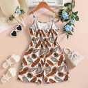 Girl's Cami Short Dress, Sleeveless Print Outfits Summer tropical romper for kids 4-12t (Brown)