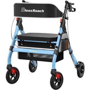BlessReach Foldable Rollator Walkers with Seat for Seniors, 450 lb Capacity, 8'' Wheels, 18" Big Seat, 6-Position Adjustable Height, Heavy-Duty Aluminum Rolling Walker (Blue)