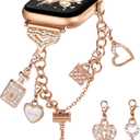 DaQin Stylish Metal Band for Apple Watch Bands Women 40mm 41mm 42mm 44mm 45mm 46mm 38mm, Bling Dressy Apple Watch Band Charms Bracelet Designer Strap for iWatch Series 11 10 9 8 7 6 5 4 3 2 1 SE (Rose Gold- Perfume)