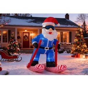 LANGXUN 8ft Skiing Santa Inflatable Outdoor Indoor Decor, Giant Blow Up IP44 Weatherproof Xmas Decorations for Yard, Built-in 7-Color LED Rotating Light for Gardern Lawn Winter Holiday
