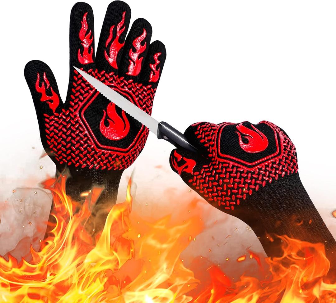 BBQ Fireproof Gloves, Grill Cut-Resistant 1472F Heat Resistant Gloves, Non-Slip Silicone Oven Gloves, Kitchen Safe Cooking Gloves for Oven Mitts,Barbecue,Cooking, Frying,13.8 Inch-Red