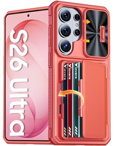 Vizvera for Samsung Galaxy S26 Ultra Case Wallet RFID [Cards Holder][Camera Cover][Edge Raised] Full Body Rugged Shockproof Silicone Phone Case for Galaxy S26 Ultra 6.9" 2026,Coral Pink