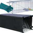 Live Animal Trap Cage with Cover & Gloves, Cat Trap for Stray Cats 32 Inch Heavy Duty Folding Skunk Traps with Real Door for Raccoons, Opossums, Skunks, Feral Cats, Squirrels-(32 x 10 x 12 inches)