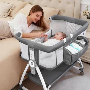 Baby Bassinet with Wheels, 6 Heights, Deep Gray, Crib