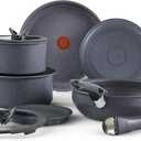 T-fal Ingenio Essentials Cookware Set with Detachable/Removable Handle 11 Piece, Granite Titanium Non Stick, Oven Broiler Safe 500F, Stackable, Pots and Pans Set, Frying Pans, Dishwasher Safe, Gray