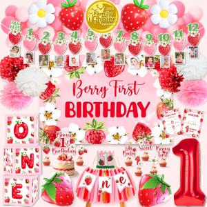 RainMeadow Premium Berry First Birthday Decorations Set - Strawberry 1st Birthday Decorations Girl with Banner, Balloons, High Chair Tutu, Cake Toppers, Milestone Garland & More for Baby Girls