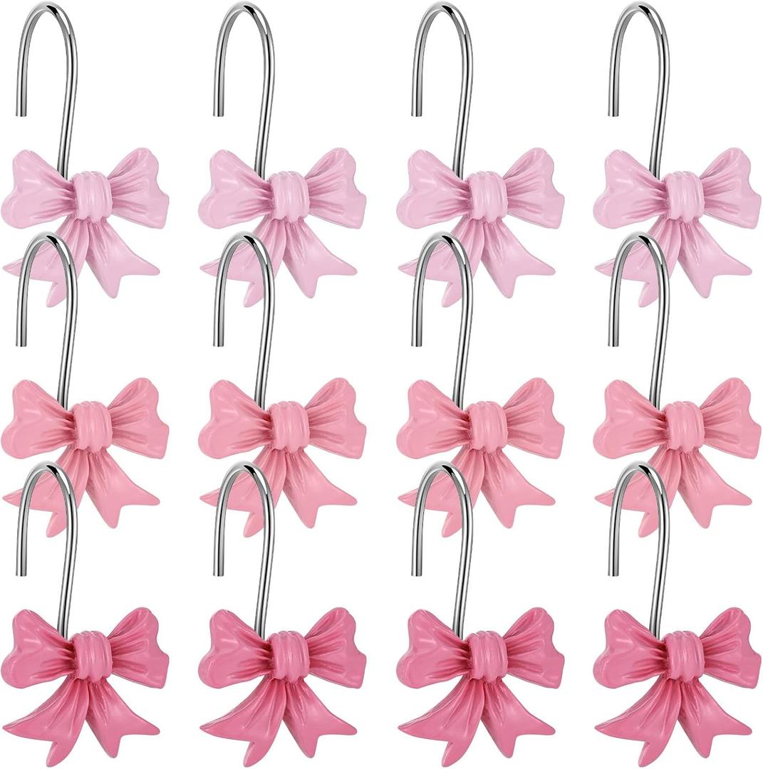 12 PCS Pink Bow Knot Shower Curtain Hooks Decorative Pink Bow Rustproof Bathroom Curtain Hanger Rings for Curtain Rods Living Room Baby Bedroom Nursery Art Decor