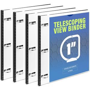 WOT I 1 Inch Telescoping 3 Ring Binder 4 Pack, Expandable Flexible Binder with Customizable Front Cover & Clear Catalog Pocket, Holds 225 Sheets, School Office Supplies, White