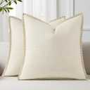 decorUhome Summer Decorative Throw Pillow Covers 16x16 Set of 2 Square Faux Linen Farmhouse Pillow Covers with Stitched Edge Outdoor Neutral Pillow Covers for Couch Sofa Living Room, Cream White