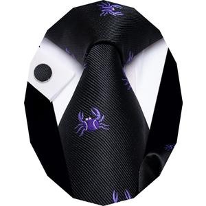 Striped Ties for Men Classic Woven Silk Necktie with Handkerchief Cufflinks Set Formal Business Party Wedding (A Black Purple Animal)