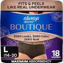 Always Discreet Boutique Incontinence and Postpartum Underwear for Women, Maximum Protection, Large, Black, 18 Count